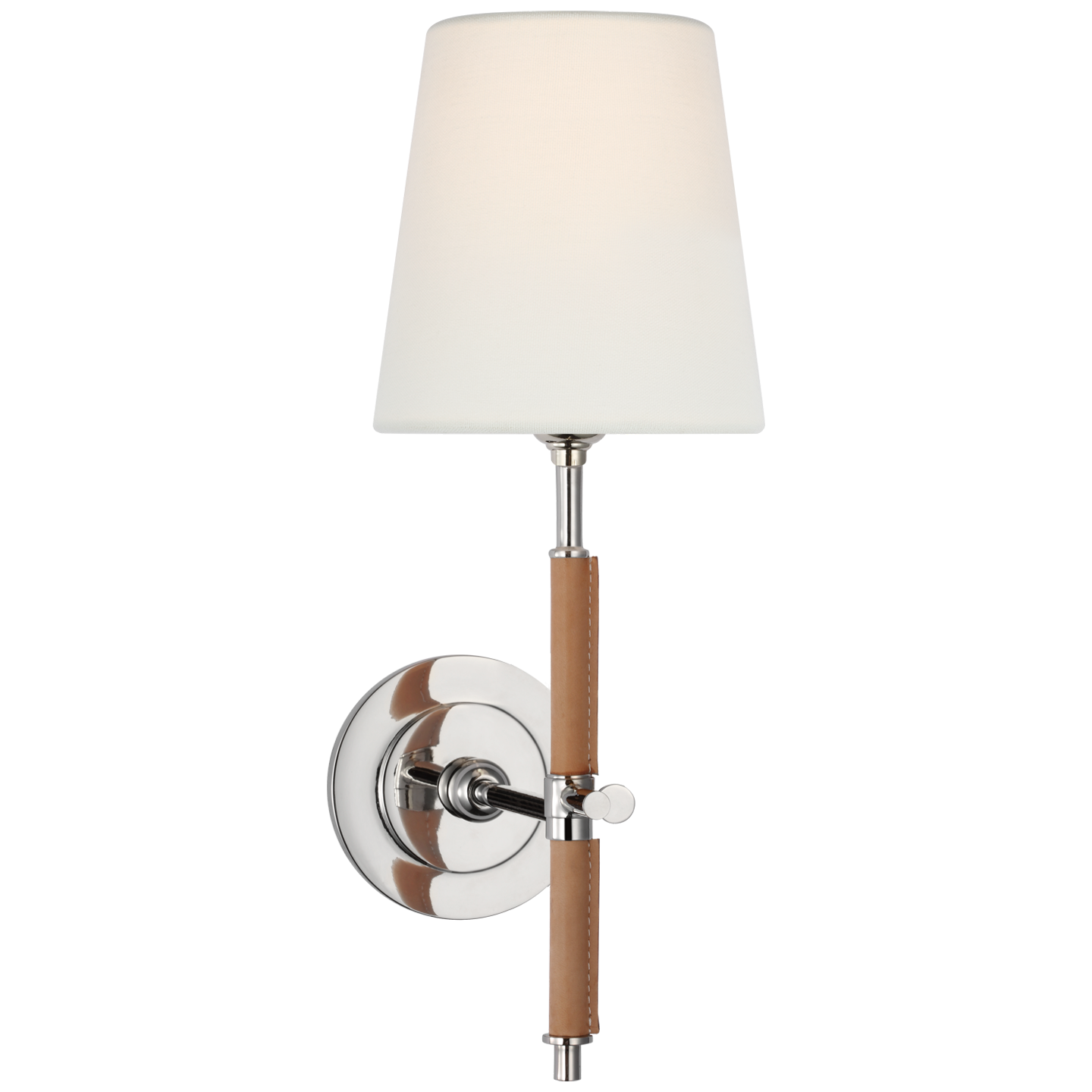 Bryant Wrapped Sconce in Polished Nickel and Natural Leather with Linen Shade