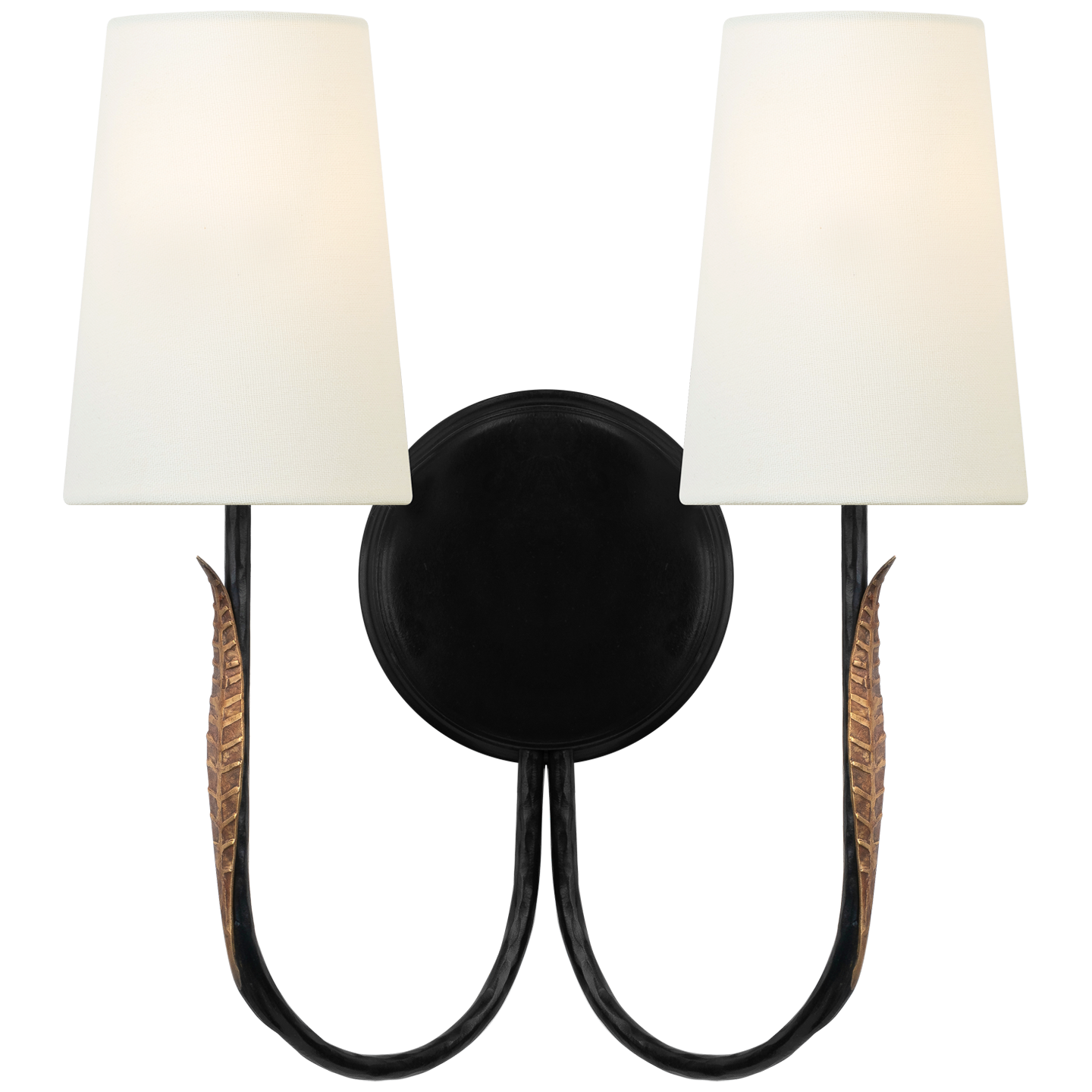 Kairos 14" Double Sconce in Aged Iron and Roman Bronze with Linen Shades