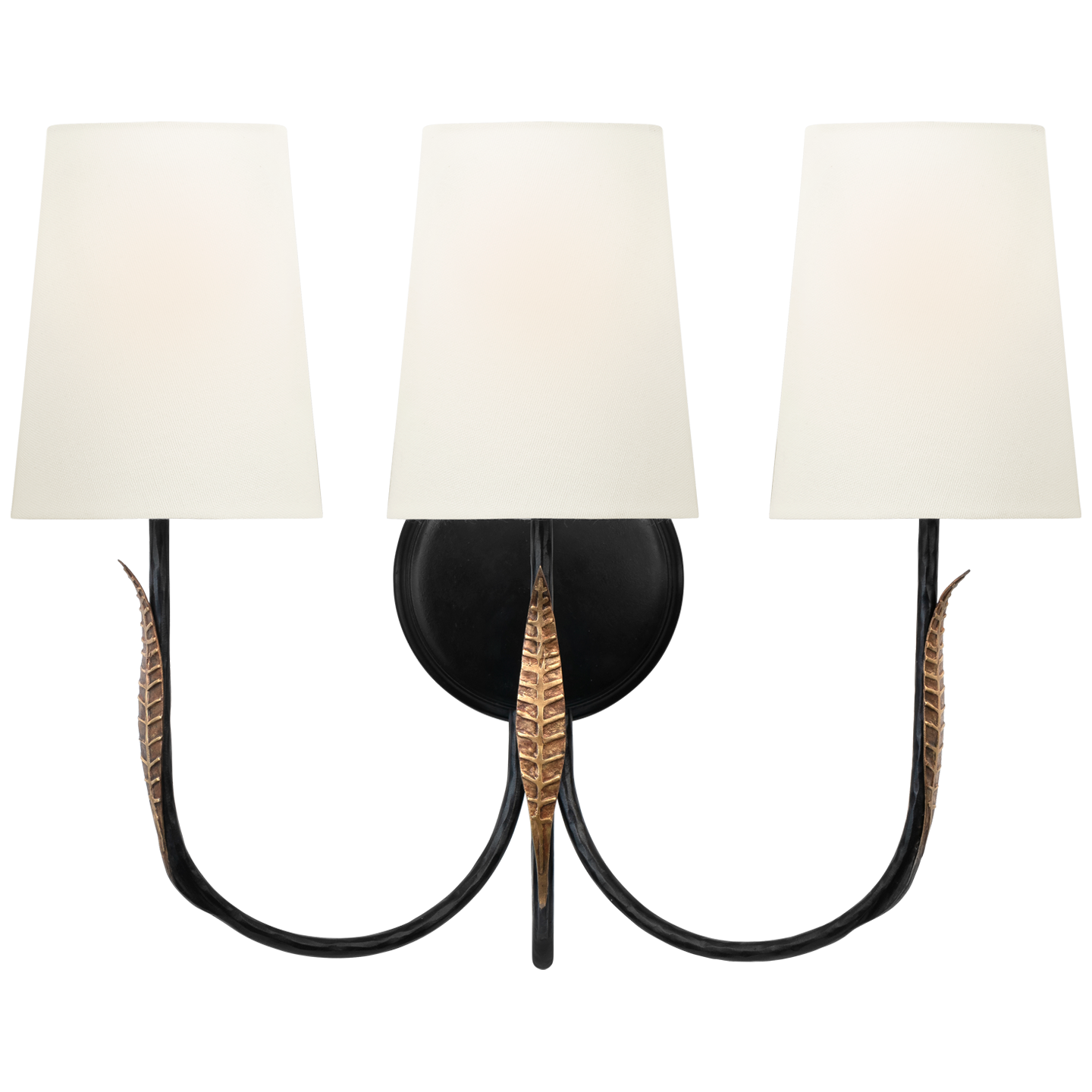 Kairos 14" Triple Sconce in Aged Iron and Roman Bronze with Linen Shades