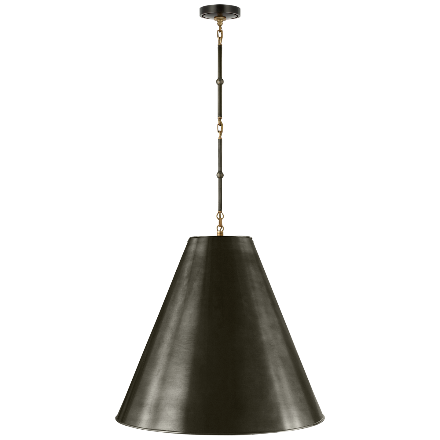 Showcasing the simplicity of conical shades with refined details, the Goodman displays classic elegance. Exploring pared-down silhouettes through metal and paper, Thomas O'Brien focuses on elegant accents like graceful long link chains and the pivots on articulating arms. The designs will lend a modern touch to the interiors.