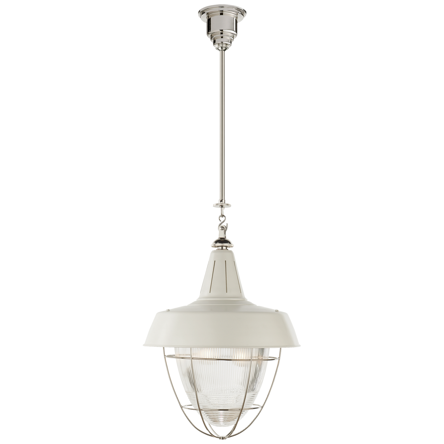 Henry Industrial Hanging Light in Polished Nickel and White Shade with Industrial Prismatic Glass Open Box