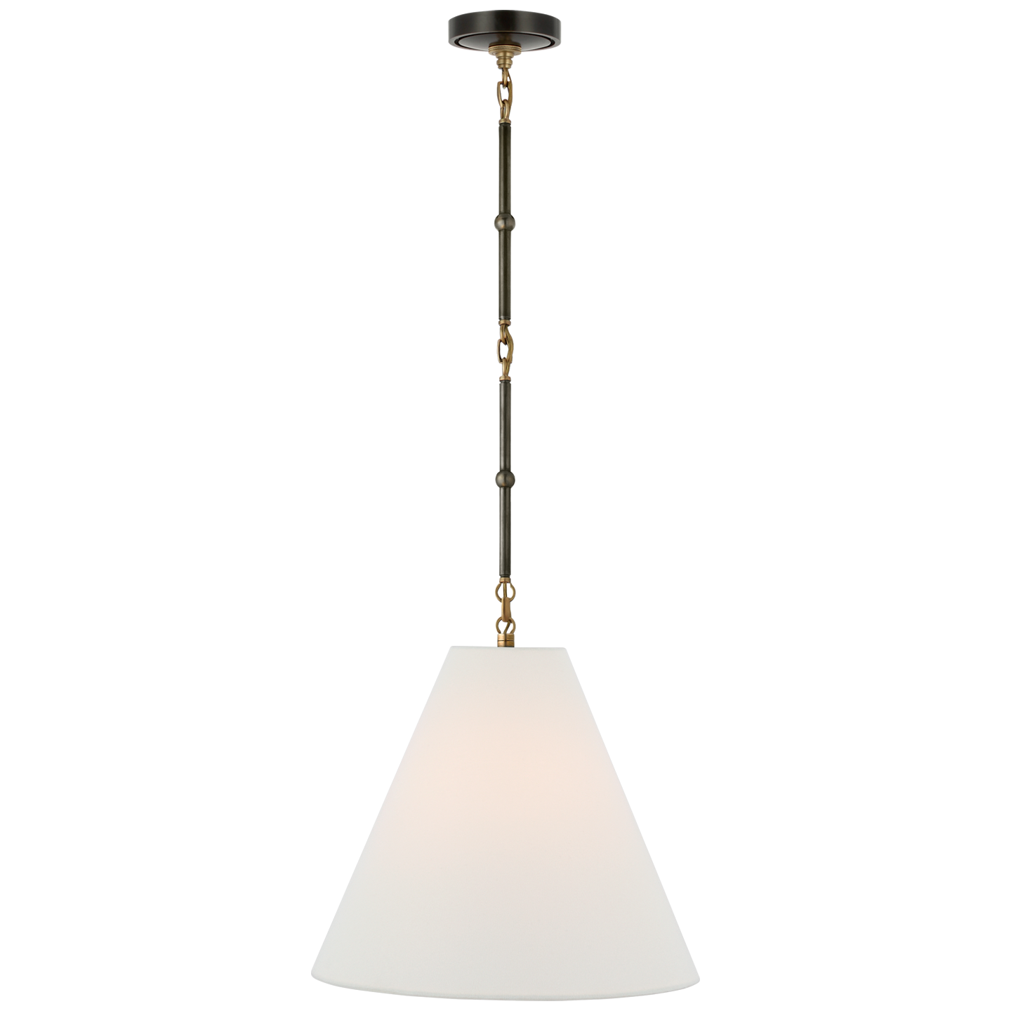 Goodman Small Hanging Light in Bronze and Hand-Rubbed Antique Brass with Linen Shade Open Box