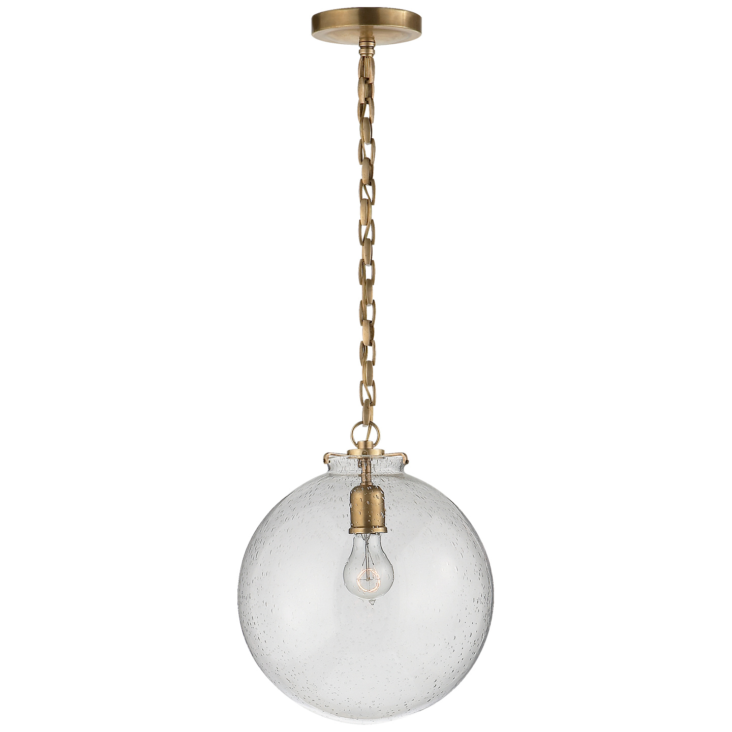 Katie Globe Pendant in Hand-Rubbed Antique Brass with Seeded Glass Open Box