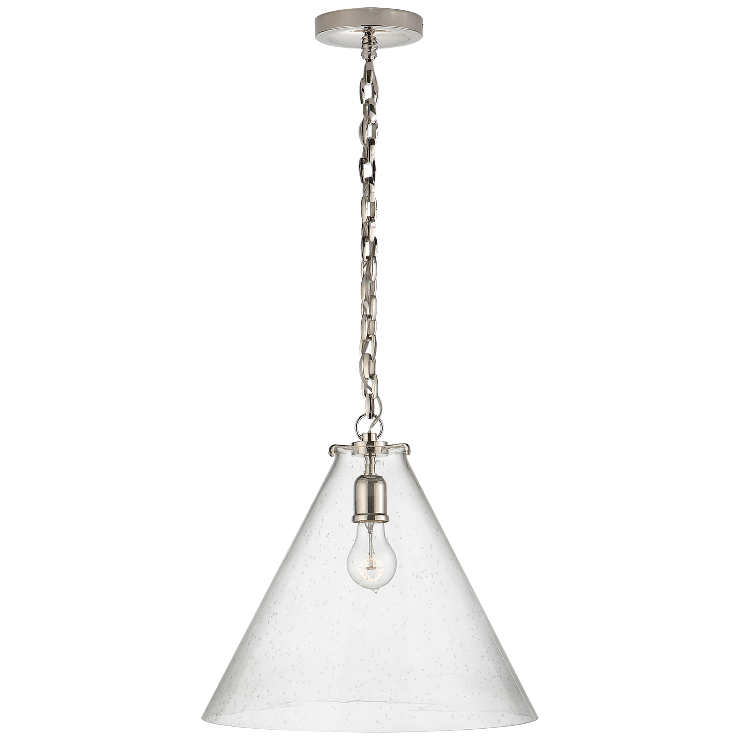 Katie Conical Pendant in Polished Nickel with Seeded Glass Open Box