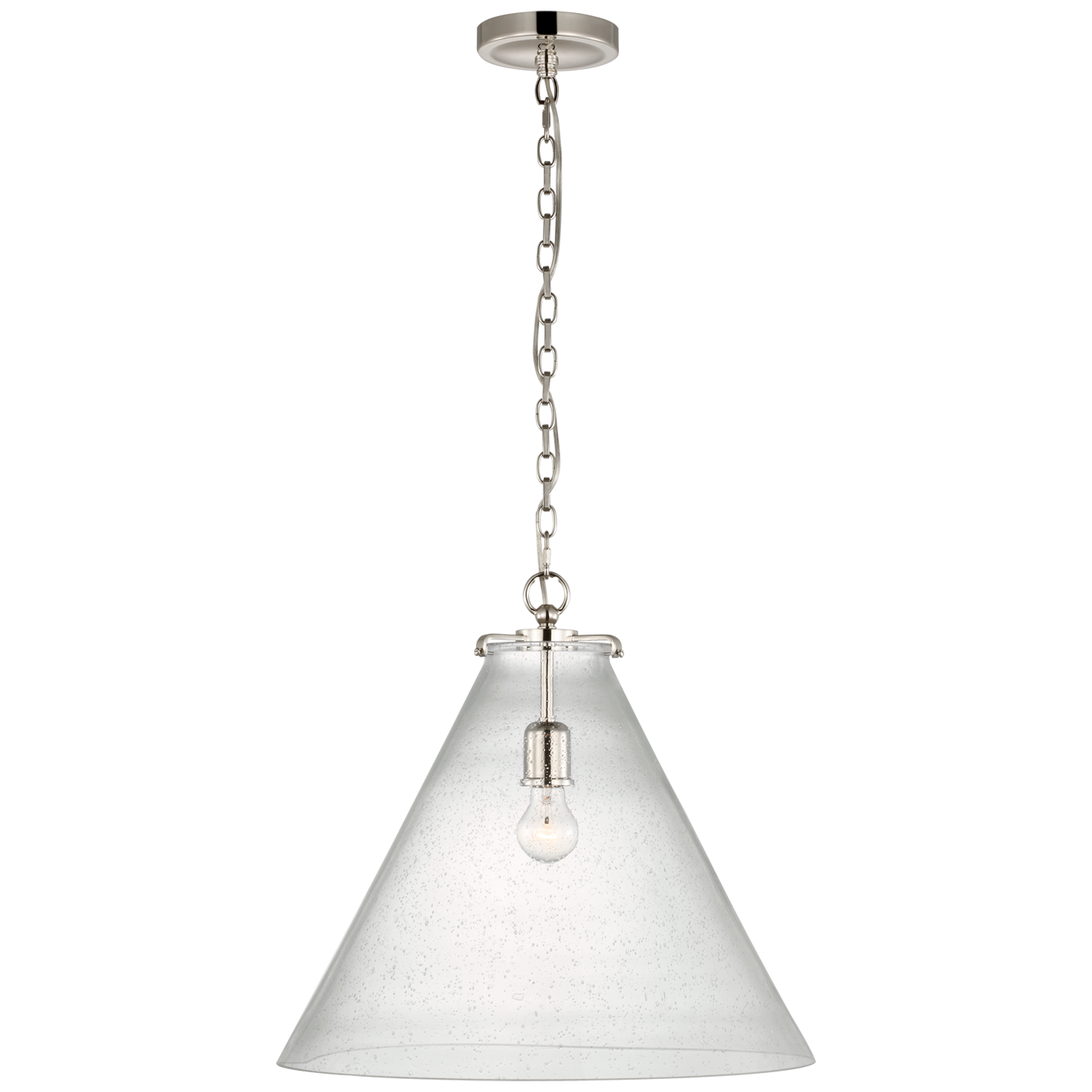 Katie Large Conical Pendant in Polished Nickel with Seeded Glass Open Box
