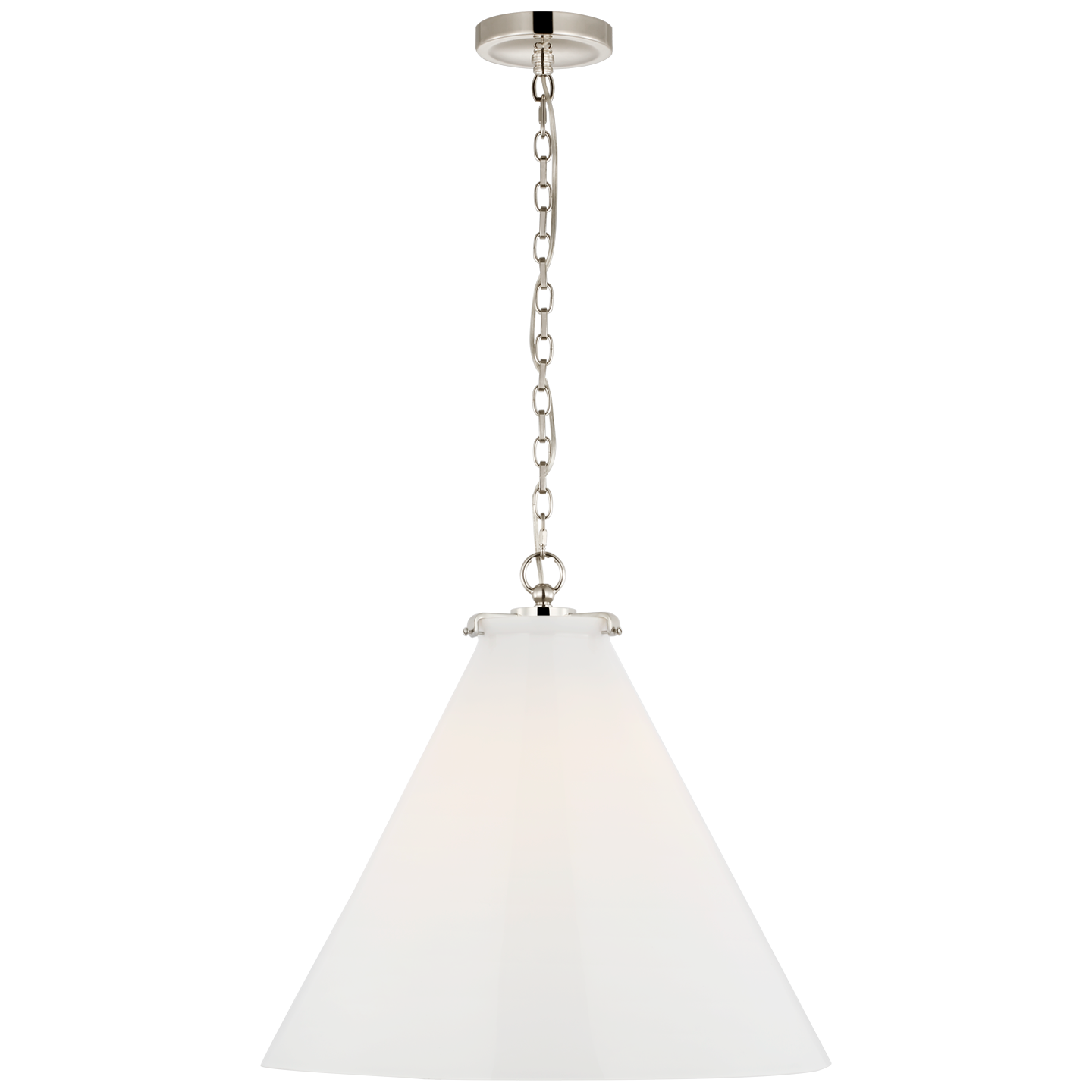 Katie Large Conical Pendant in Polished Nickel with White Glass Open Box