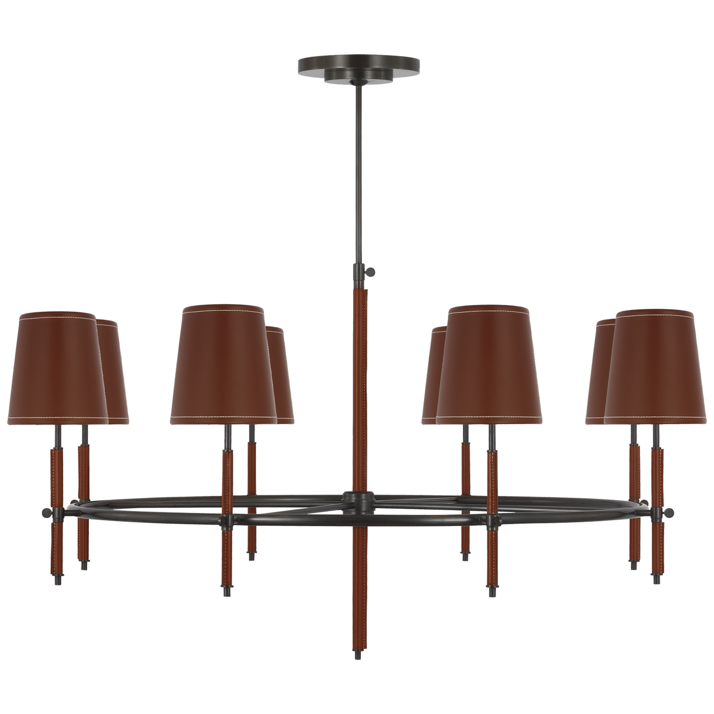 Bryant Wrapped Ring Chandelier in Bronze and Saddle Leather with Saddle Leather Shade