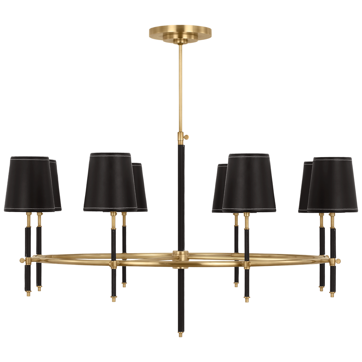 Bryant Wrapped Ring Chandelier in Hand-Rubbed Antique Brass and Chocolate Leather with Chocolate Leather Shade