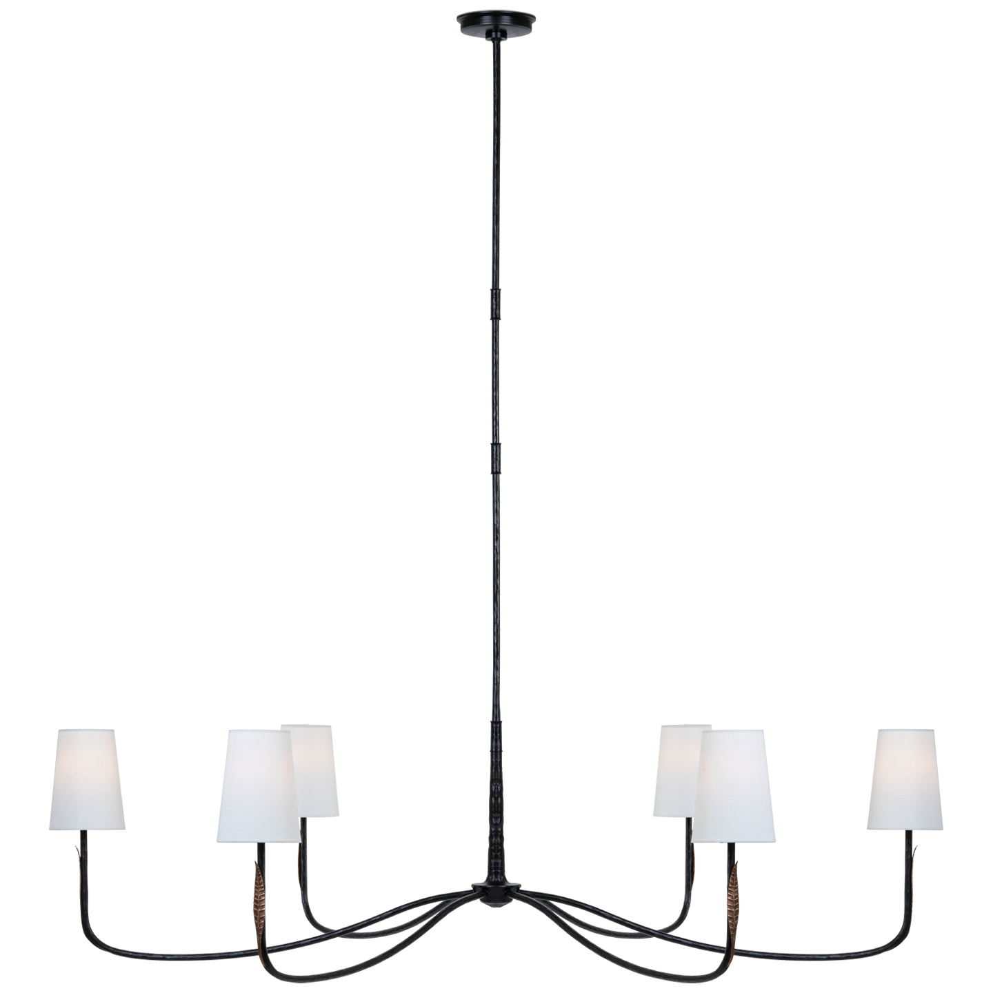 Kairos 58" Chandelier in Aged Iron and Roman Bronze with Linen Shades