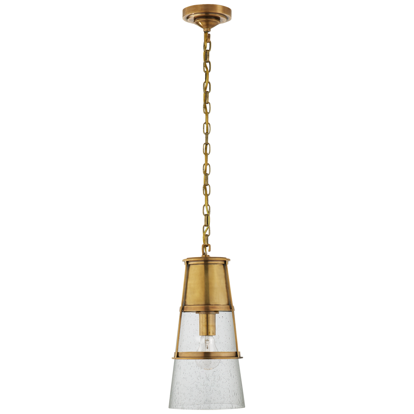 Robinson Medium Pendant in Hand-Rubbed Antique Brass with Seeded Glass Open Box