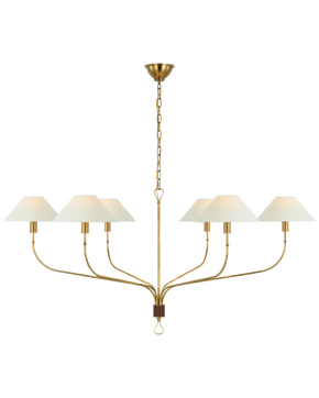 Griffin Extra Large Tail Chandelier in Hand-Rubbed Antique Brass and Saddle Leather with Linen Shades