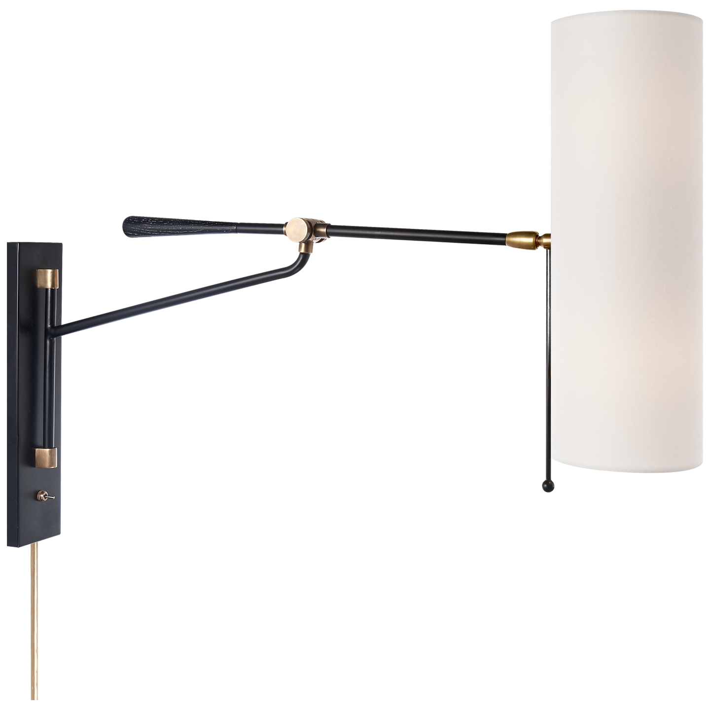 Frankfort Articulating Wall Light in Black and Hand-Rubbed Antique Brass Accents with Linen Shade
