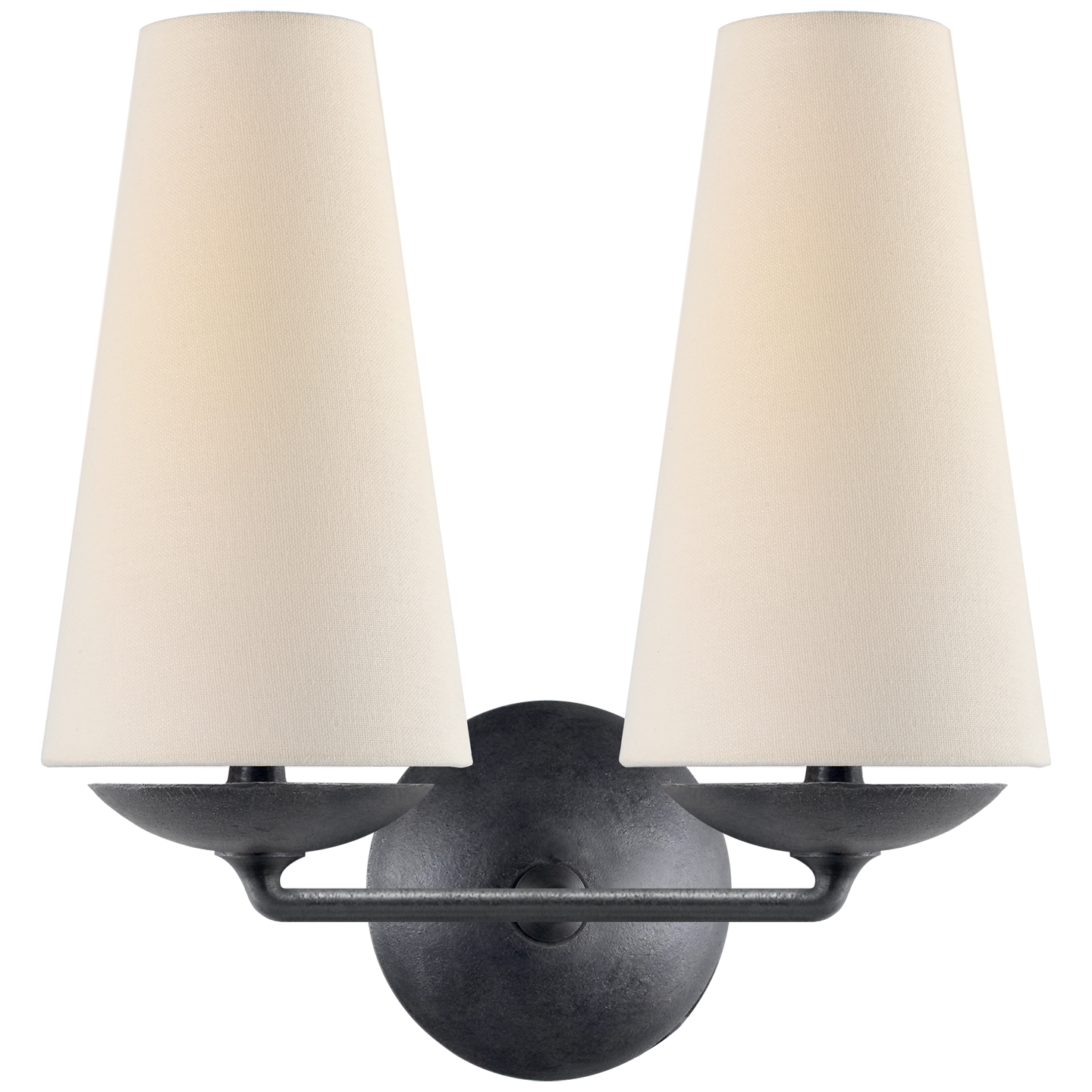 Fontaine Double Sconce in Aged Iron with Linen Shades