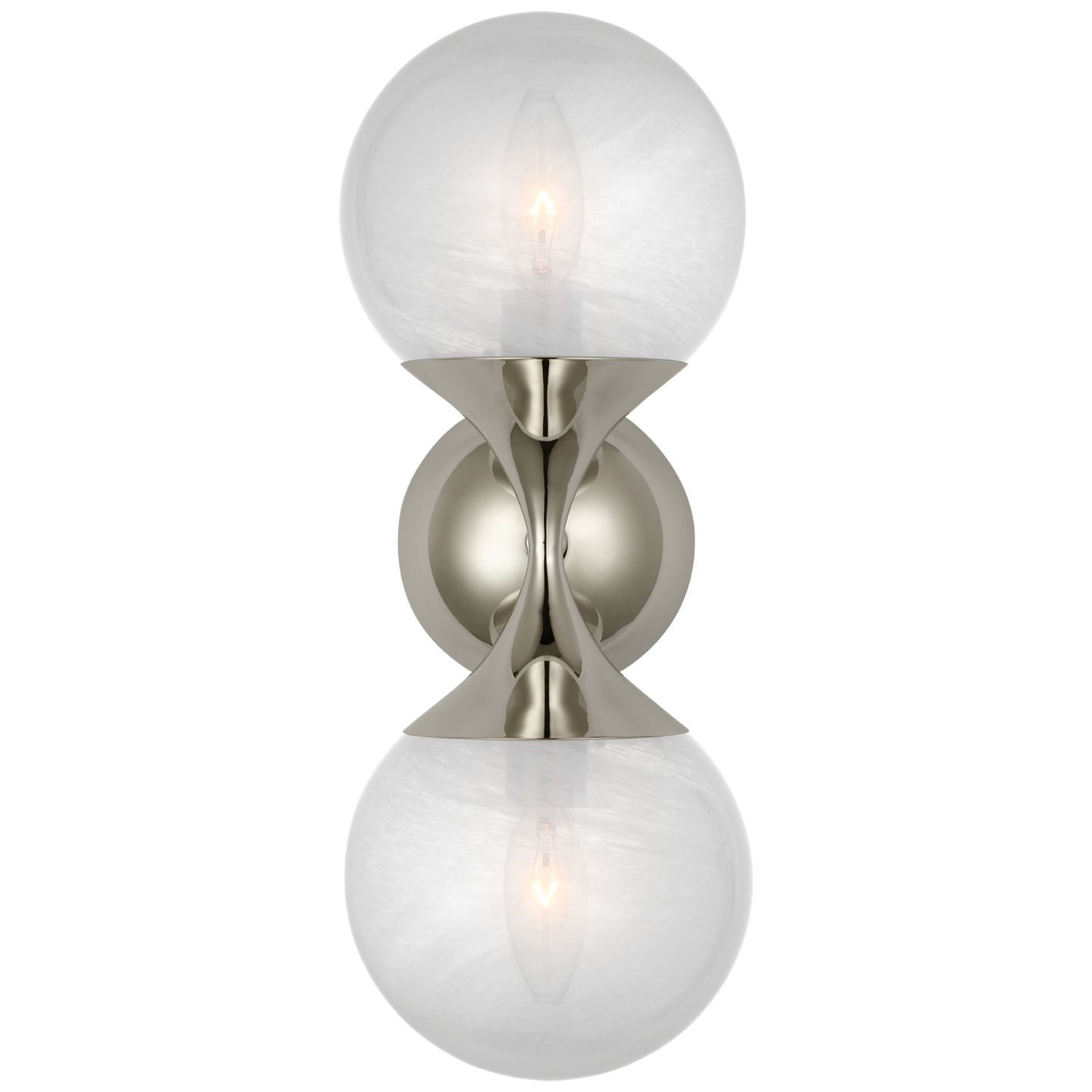 Cristol Small Double Sconce in Polished Nickel with White Glass