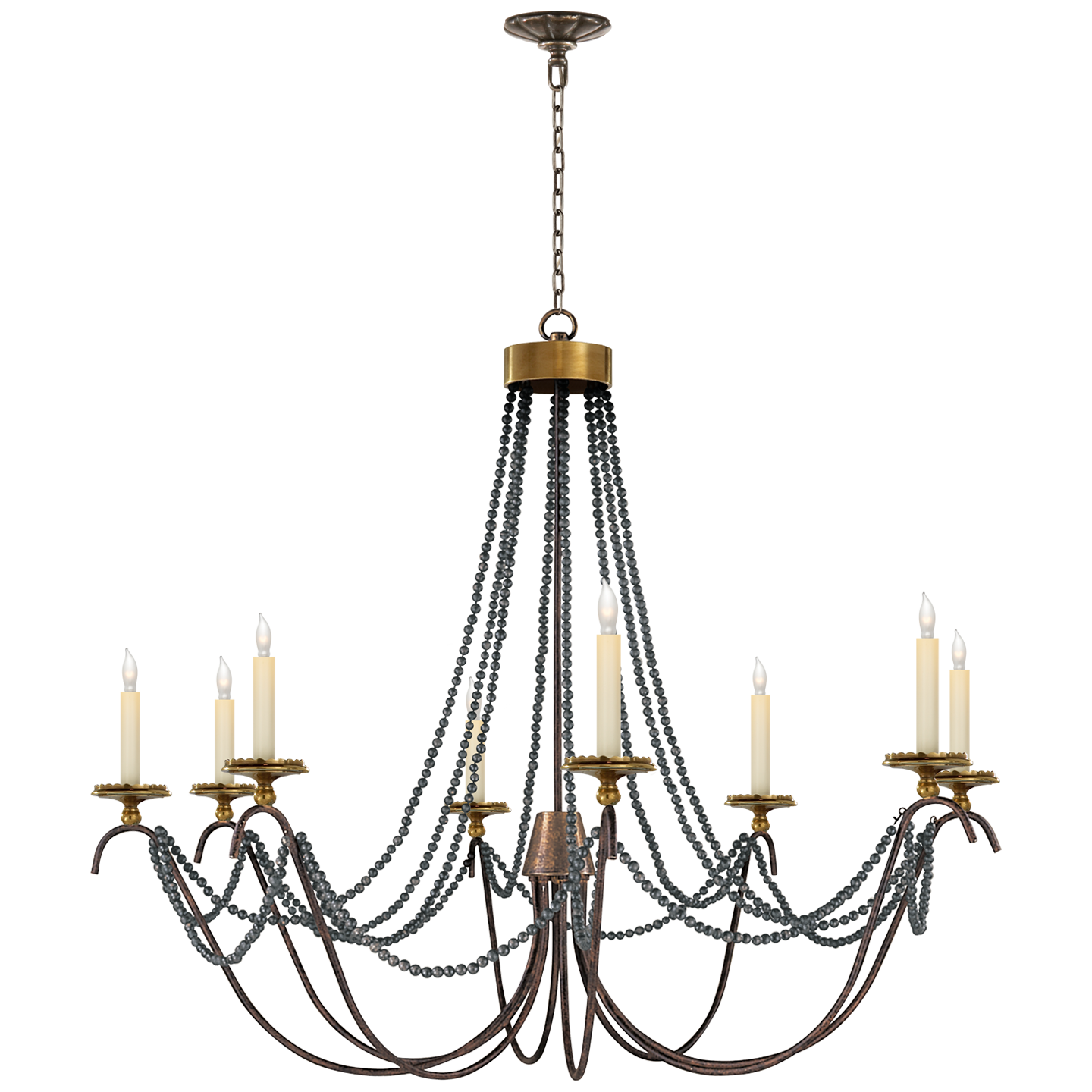 Marigot Large Chandelier in Rust and Antique-Burnished Brass with Tudor Brown Beaded Trim Open Box
