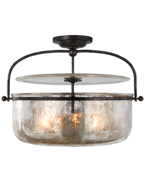 Lorford Medium Semi-Flush Lantern in Aged Iron with Mercury Glass
