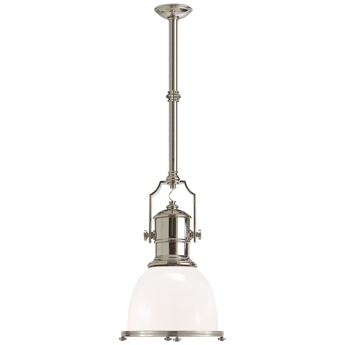 Country Industrial Small Pendant in Polished Nickel with White Glass Shade Open Box