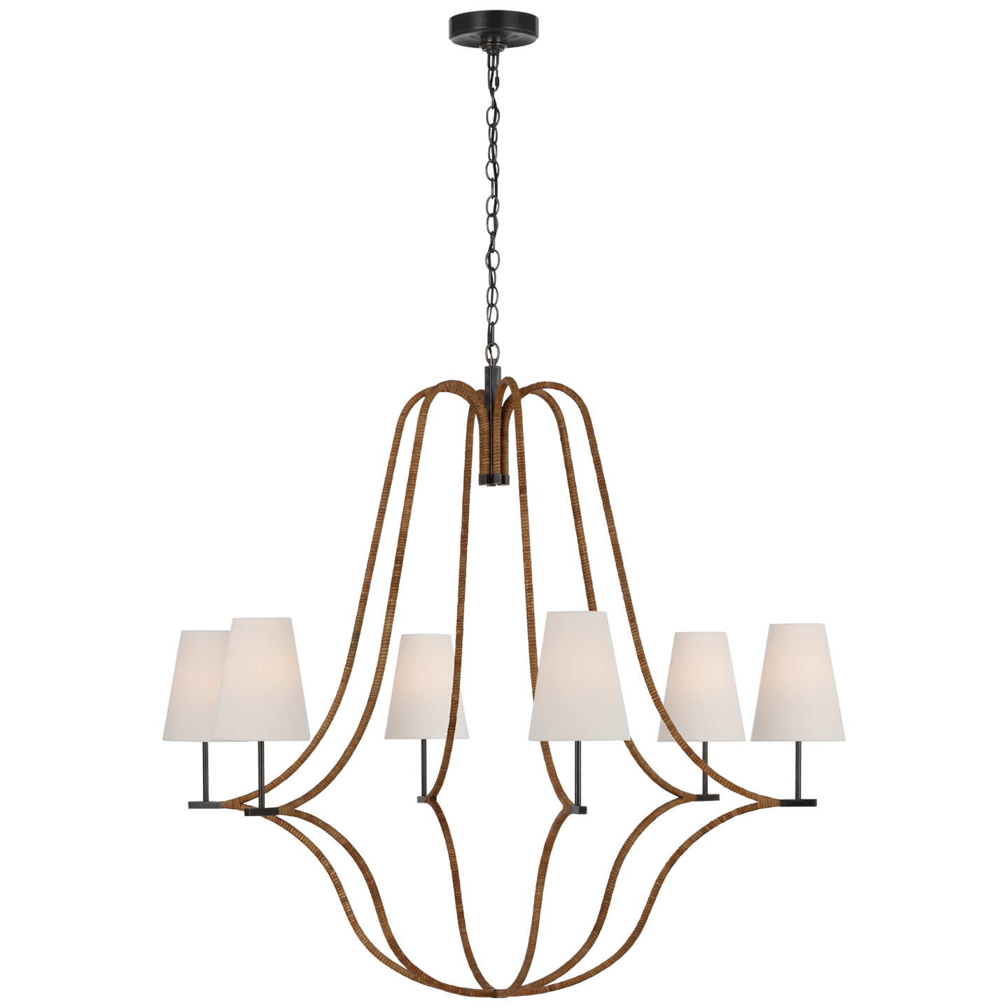 Biscayne Extra Large Wrapped Chandelier in Bronze and Natural Rattan with Linen Shades Open Box