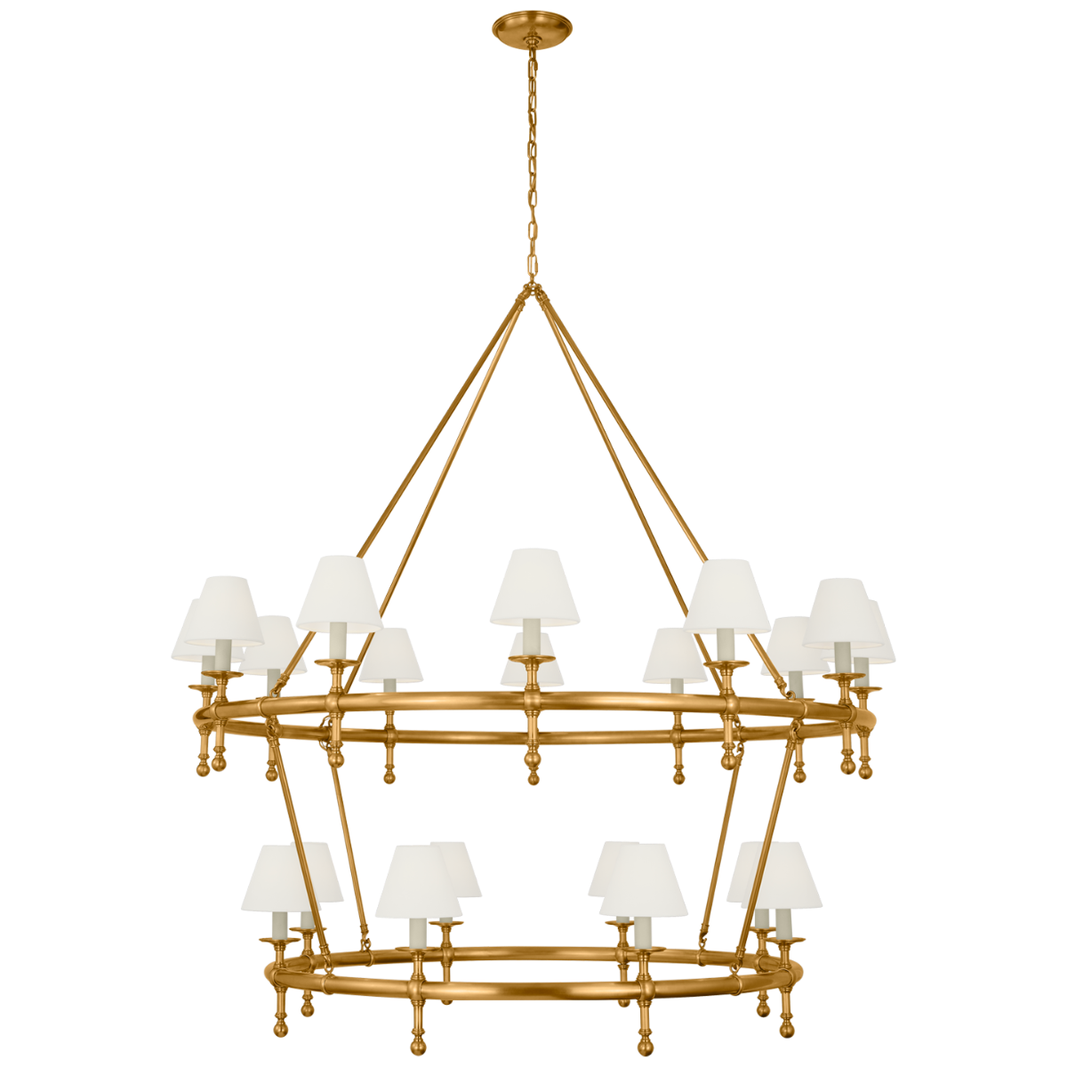 Classic 54" Two-Tier Ring Chandelier in Antique-Burnished Brass with Linen Shades