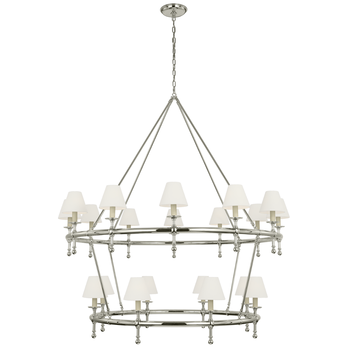 Classic 54" Two-Tier Ring Chandelier in Polished Nickel with Linen Shades