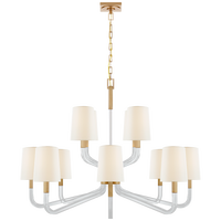 Reagan Grande Two Tier Chandelier in Antique-Burnished Brass and Crystal with Linen Shades