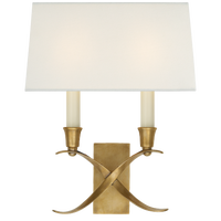 Cross Bouillotte Small Sconce in Antique-Burnished Brass with Linen Shade