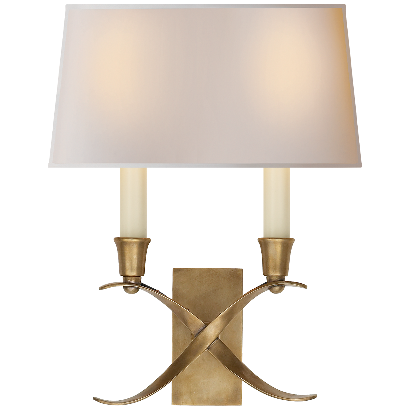 Cross Bouillotte Small Sconce in Antique-Burnished Brass with Natural Paper Shade