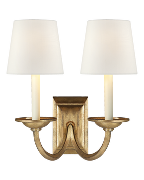Flemish Double Sconce in Gilded Iron with Linen Shades