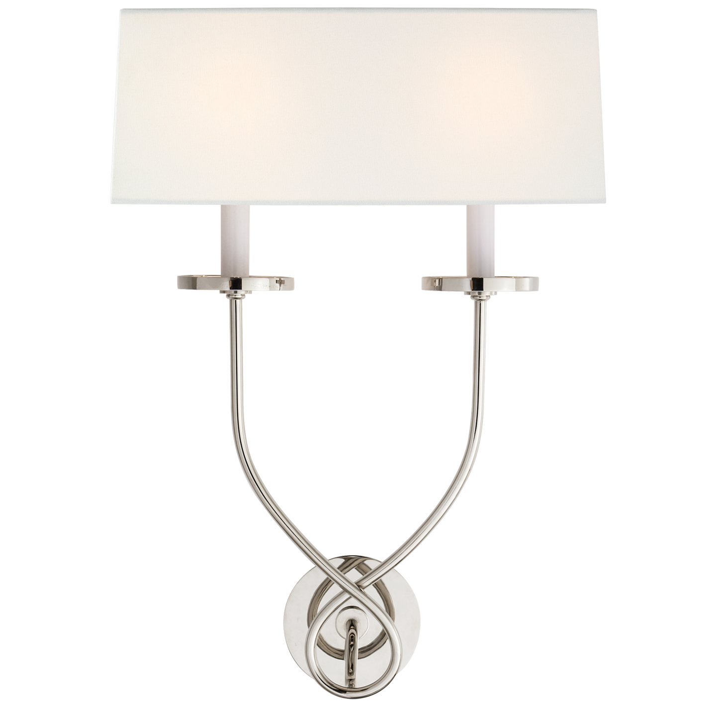 Symmetric Twist Double Sconce in Polished Nickel with Linen Shade