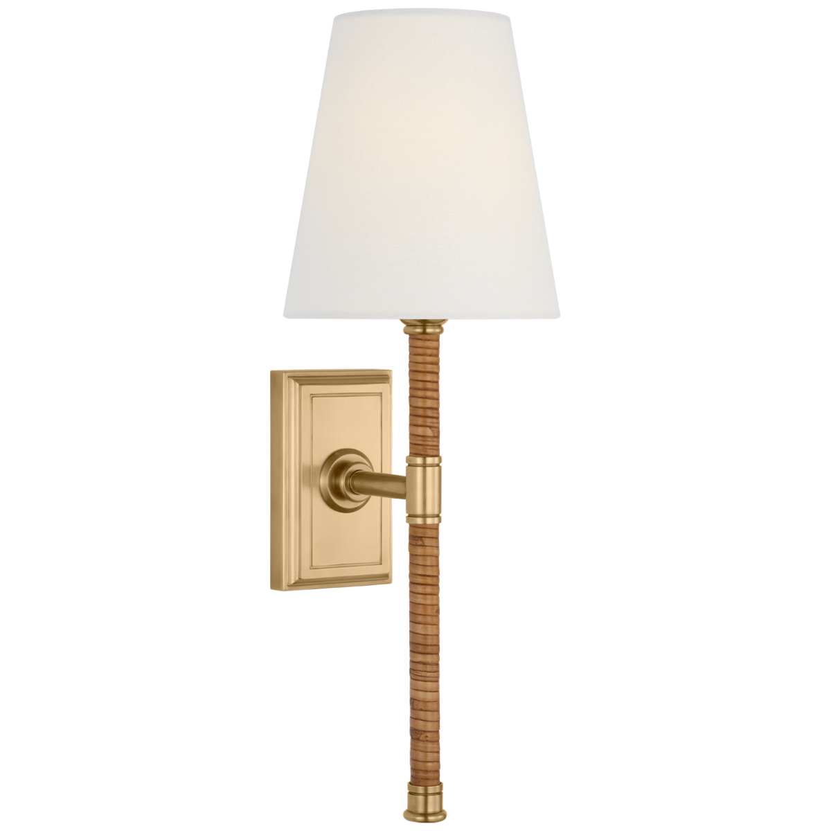 Basden 16" Tail Sconce in Antique-Burnished Brass and Natural Rattan with Linen Shade
