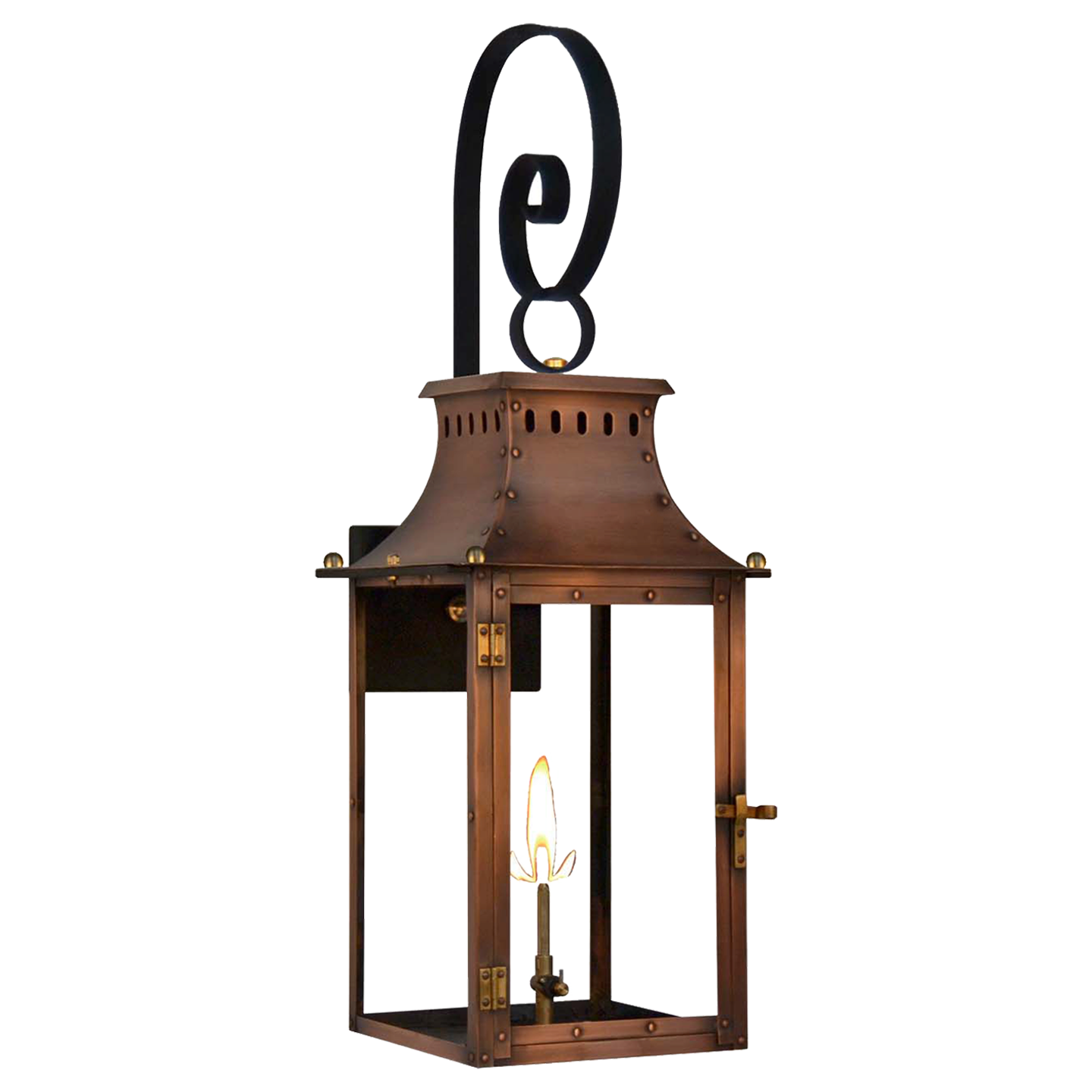 Market Street 16" Top Scroll Wall Lantern in Antique Copper, Gas, Propane Tip