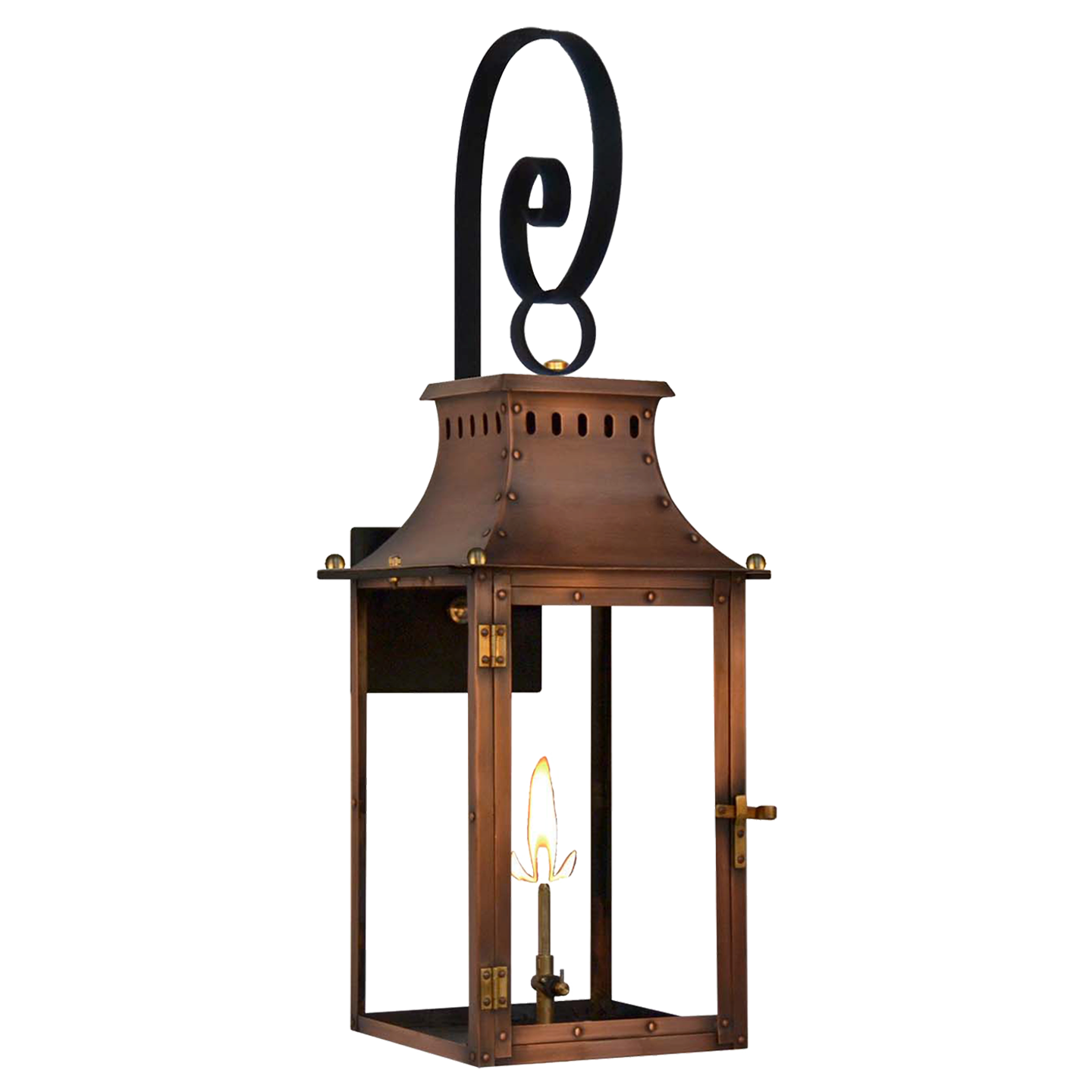 Market Street 19" Top Scroll Wall Lantern in Antique Copper, Gas, Propane Tip
