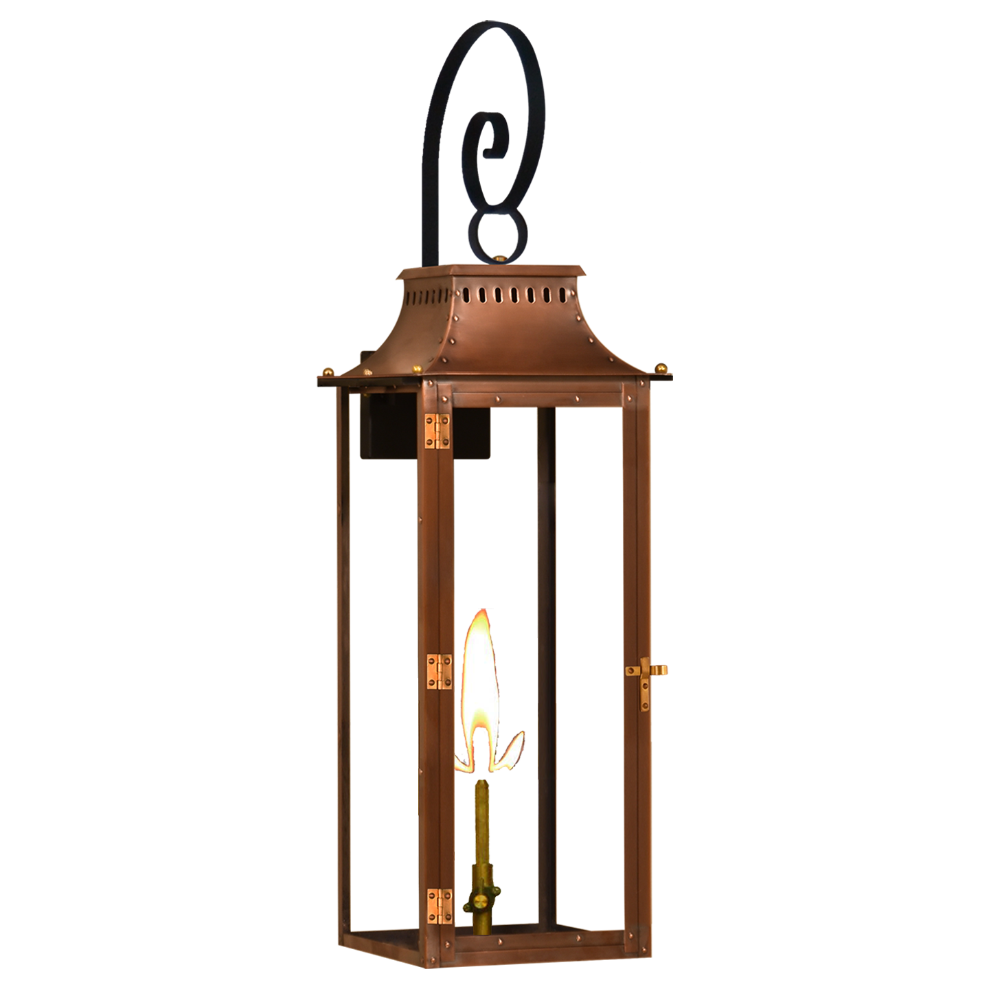 Market Street 30" Top Scroll Wall Lantern in Antique Copper, Gas