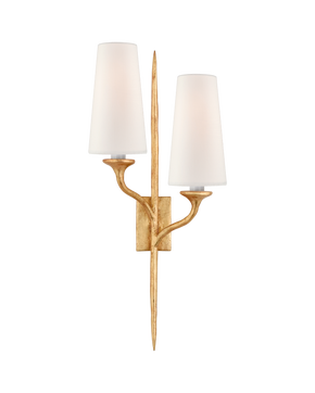 Iberia Double Left Sconce in Antique Gold Leaf with Linen Shades