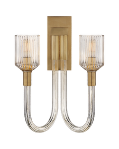 Reverie Double Sconce in Clear Ribbed Glass and Antique-Burnished Brass