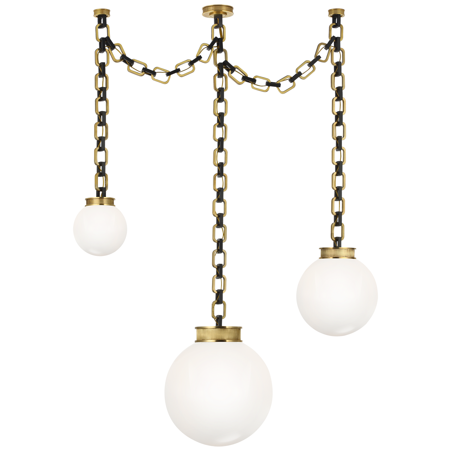 Bellamy 3 Light Statement Chain Multi Globe Chandelier in Soft Brass and Bronze with White Glass 220V