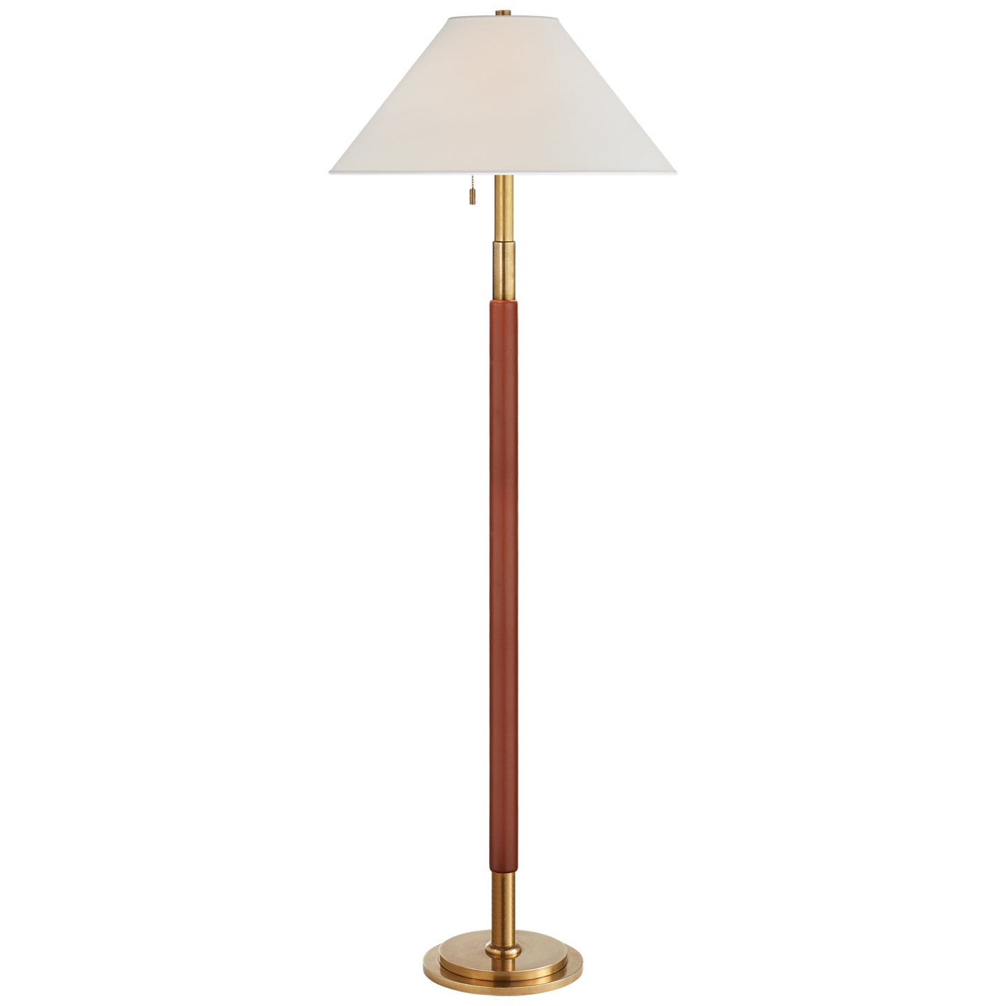 Garner Floor Lamp in Natural Brass and Saddle Leather with Percale Shade