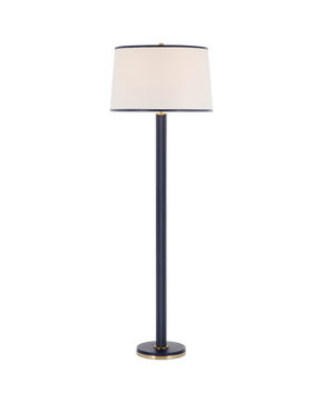 Riley Large Floor Lamp in Natural Brass and Navy with Leather Trimmed Linen Shade
