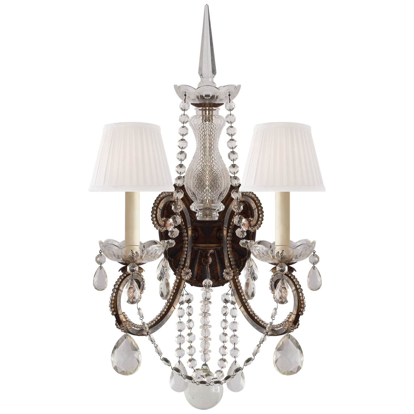 Adrianna Double Sconce in Antique Gild and Antiqued Crystal and Silk Shades