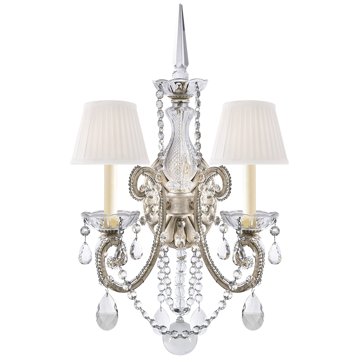 Adrianna Double Sconce in Antique Silver Leaf and Crystal with Silk Shades