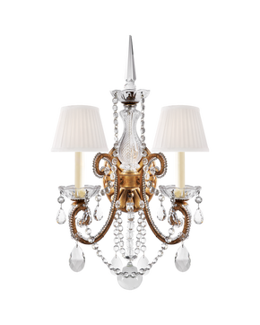 Adrianna Double Sconce in Gilded Iron and Crystal with Silk Shades