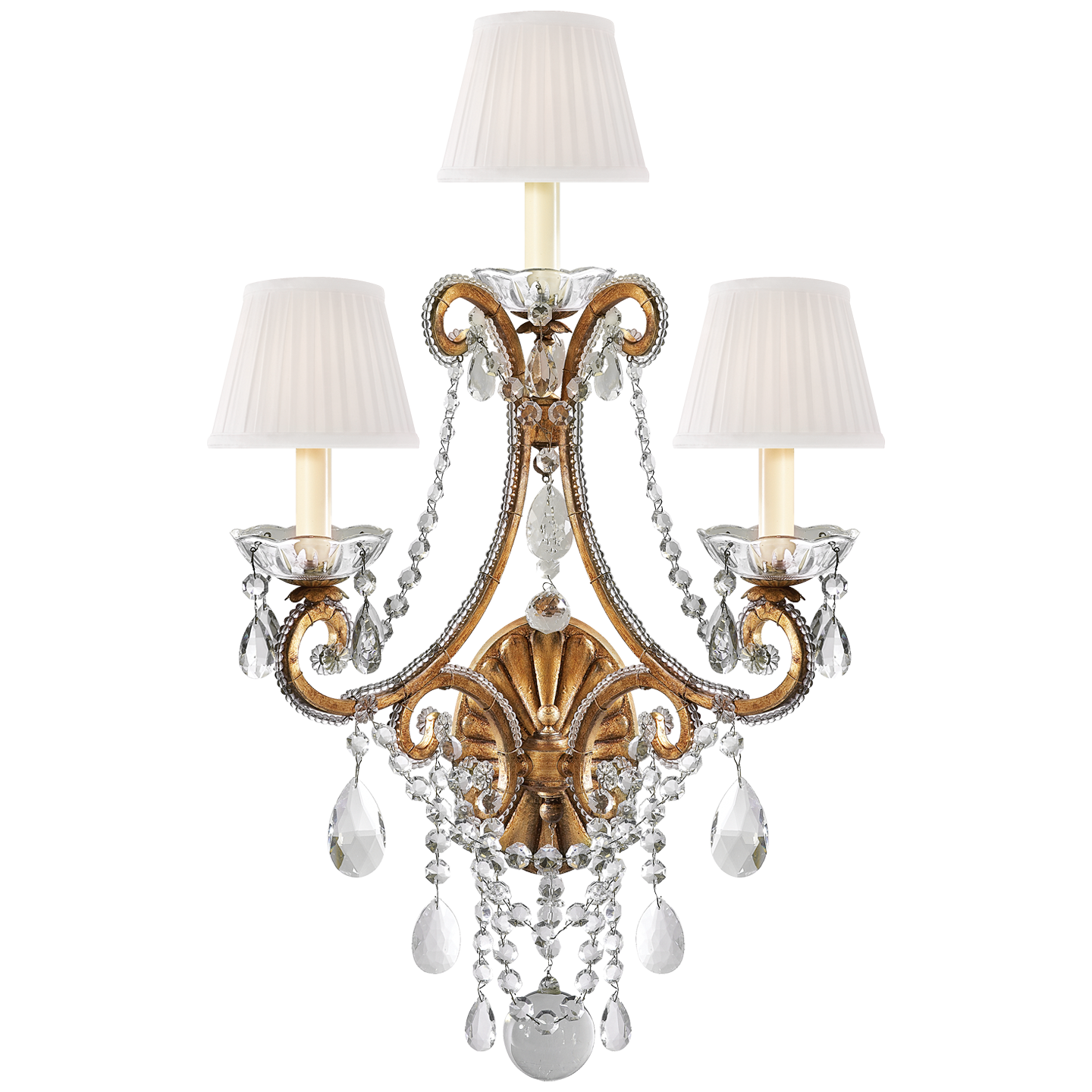 Adrianna Triple Sconce in Gilded Iron and Crystal with Silk Shades