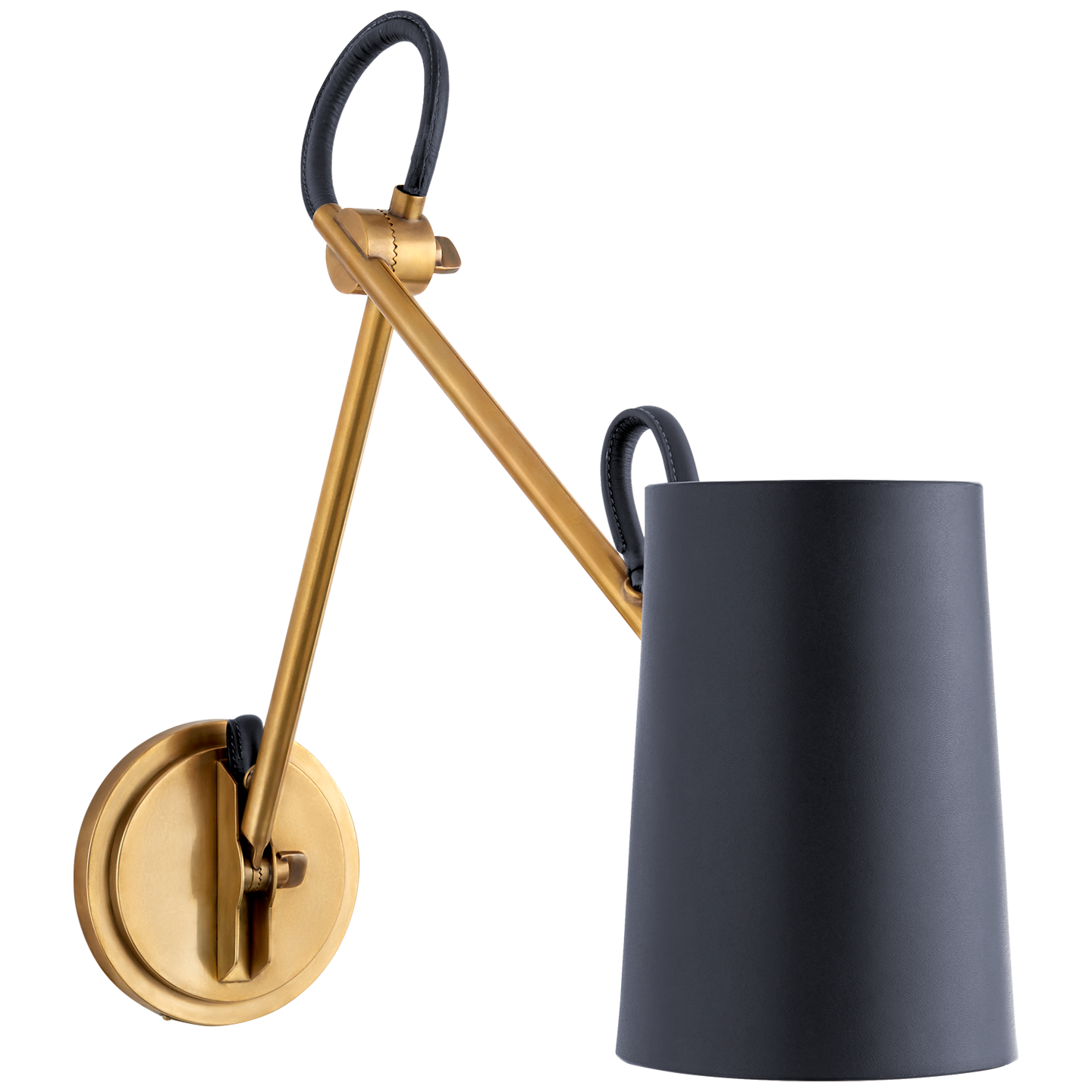 Benton Double Library Sconce in Natural Brass with Navy Leather Shade