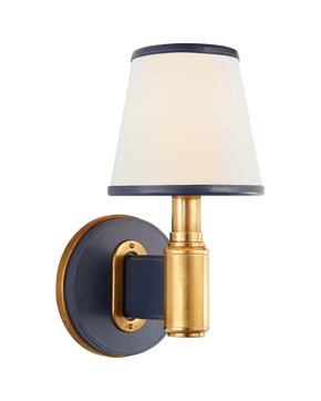 Riley Single Sconce in Natural Brass and Navy Leather with Leather Trimmed Linen Shades