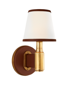 Riley Single Sconce in Natural Brass and Saddle Leather with Leather Trimmed Linen Shades