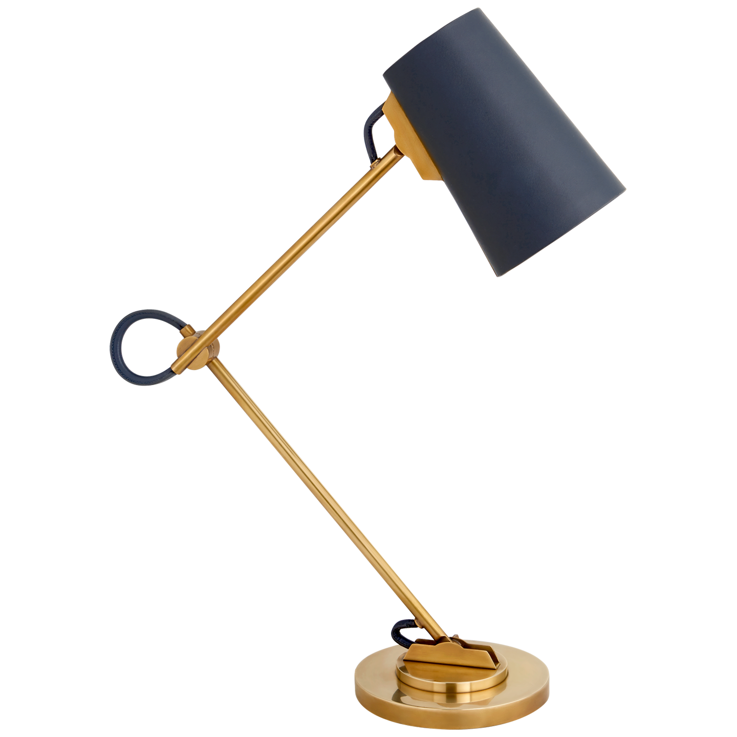 Benton Adjustable Desk Lamp in Natural Brass with Navy Leather Shade