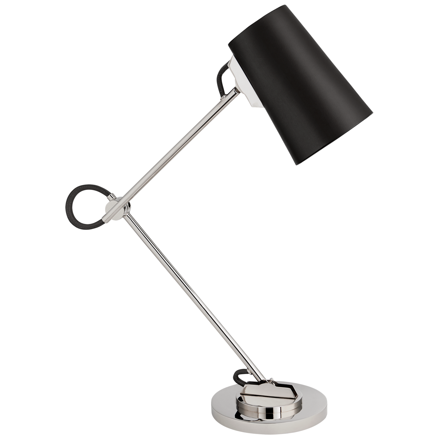 Benton Adjustable Desk Lamp in Polished Nickel with Chocolate Leather Shade