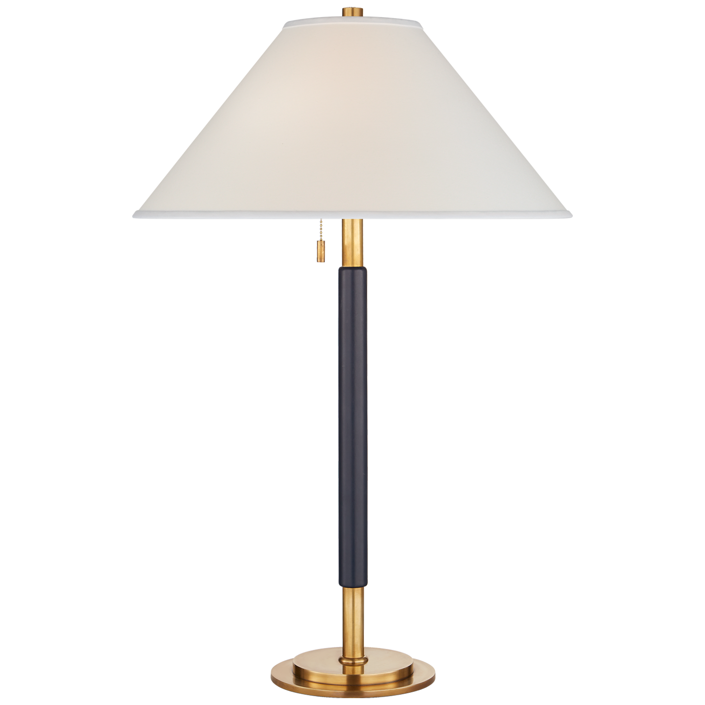 Garner Table Lamp in Natural Brass and Navy Leather with Percale Shade