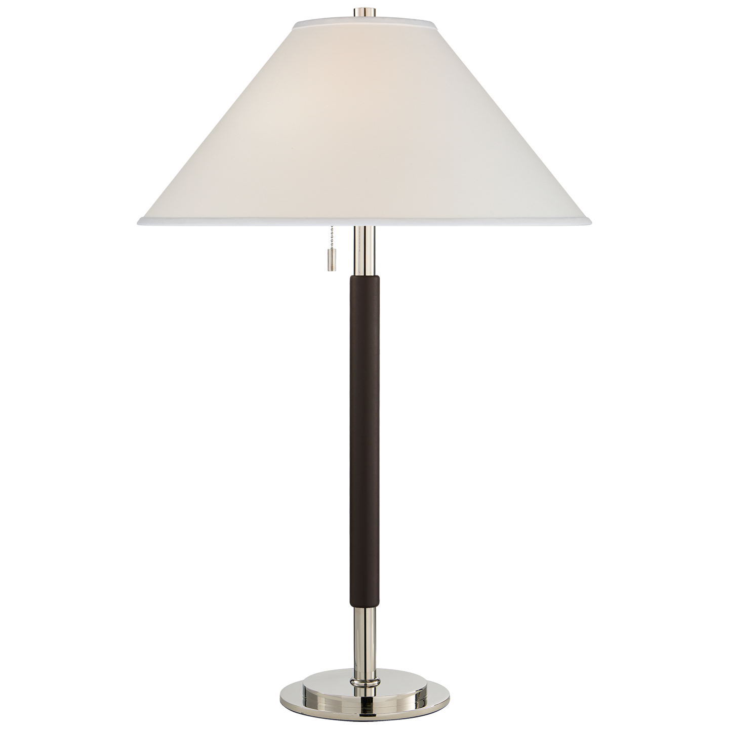Garner Table Lamp in Polished Nickel and Chocolate Leather with Percale Shade