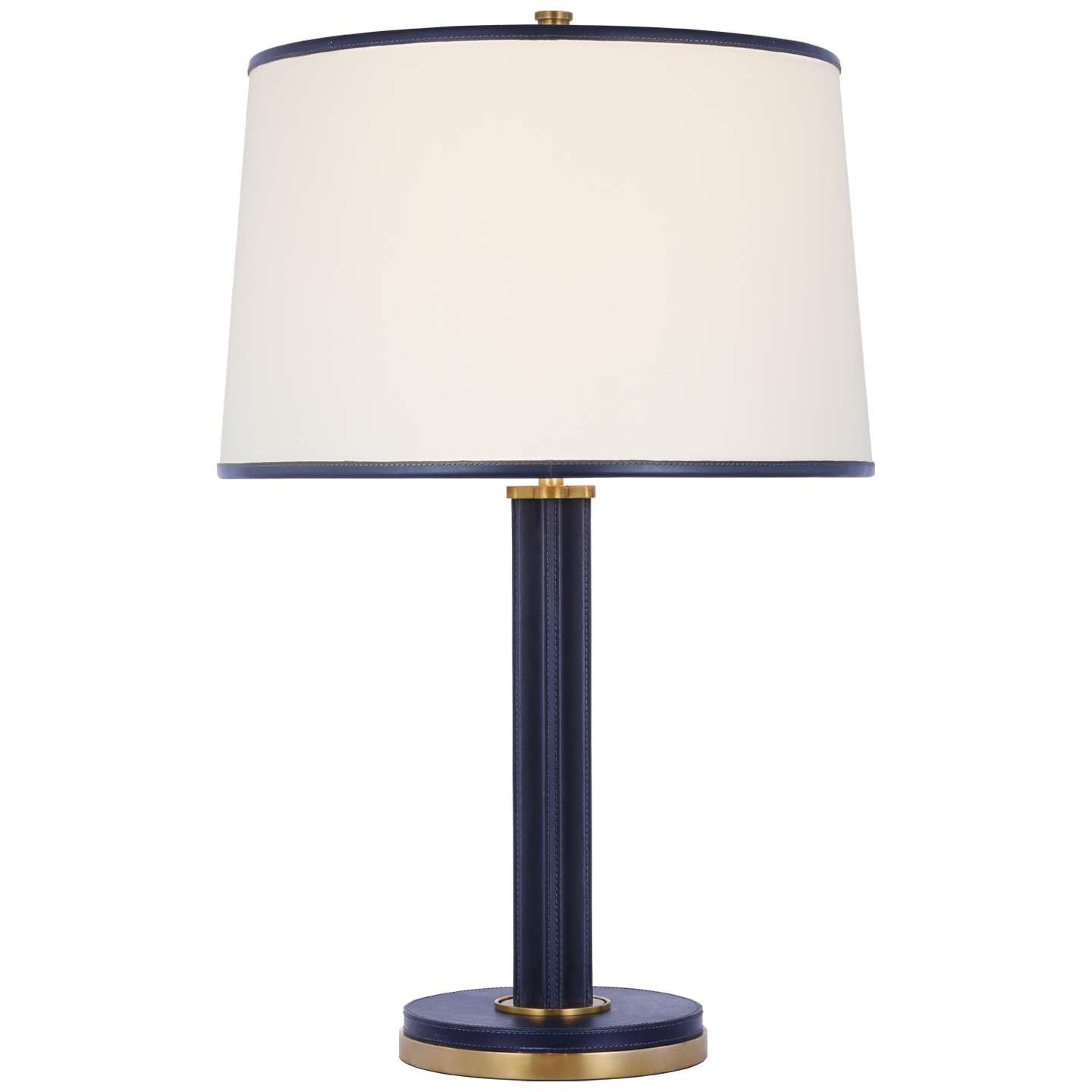 Riley Medium Table Lamp in Natural Brass and Navy with Leather Trimmed Linen Shade
